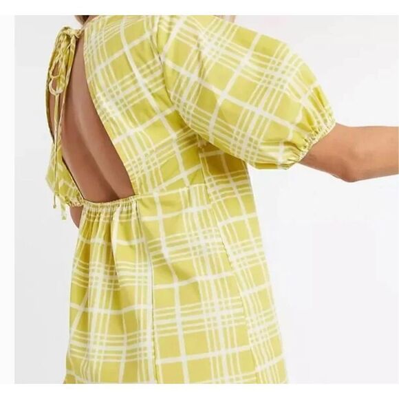 Topshop printed open back mini poplin dress in yellow check Size Petite 12 - Picture 8 of 9